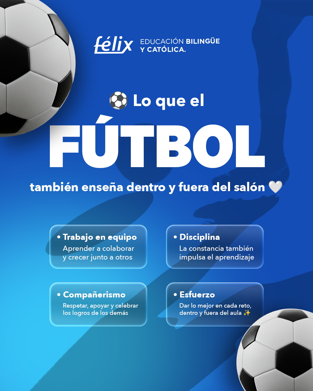 Ahora que vivimos la emoción de la época mundialista⚽🌍, también recordamos todo lo positivo que el fútbol puede enseñar dentro y fuera de la cancha🤍

 Trabajo en equipo, disciplina, compañerismo y esfuerzo son aprendizajes que acompañan a nuestros alumnos también dentro del salón de clases, ayudándolos a formar seguridad, empatía y compromiso en cada etapa de su desarrollo ✨

Mayores informes: 📲 833 208 6511

#ColegioFelix #ExcelenciaAcademica #EducacionCatolica