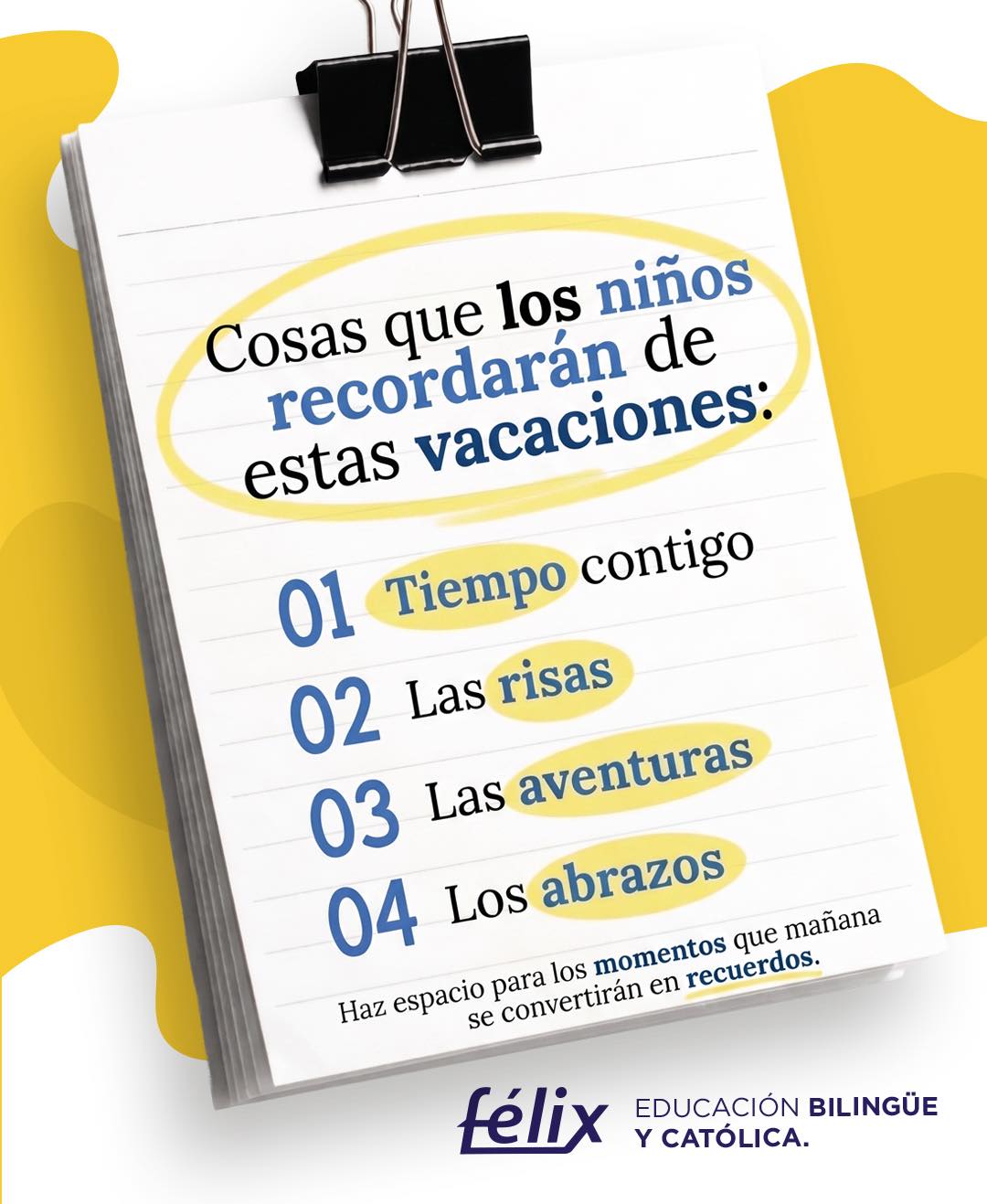 Los recuerdos más valiosos suelen nacer en los momentos más sencillos 🤍
Una tarde juntos, una aventura inesperada o una carcajada compartida pueden convertirse en memorias que acompañarán a nuestros hijos por muchos años.
Este verano, regalémosles tiempo, presencia y mucho amor ✨
#ColegioFelix #ExcelenciaAcademica #EducacionCatolica