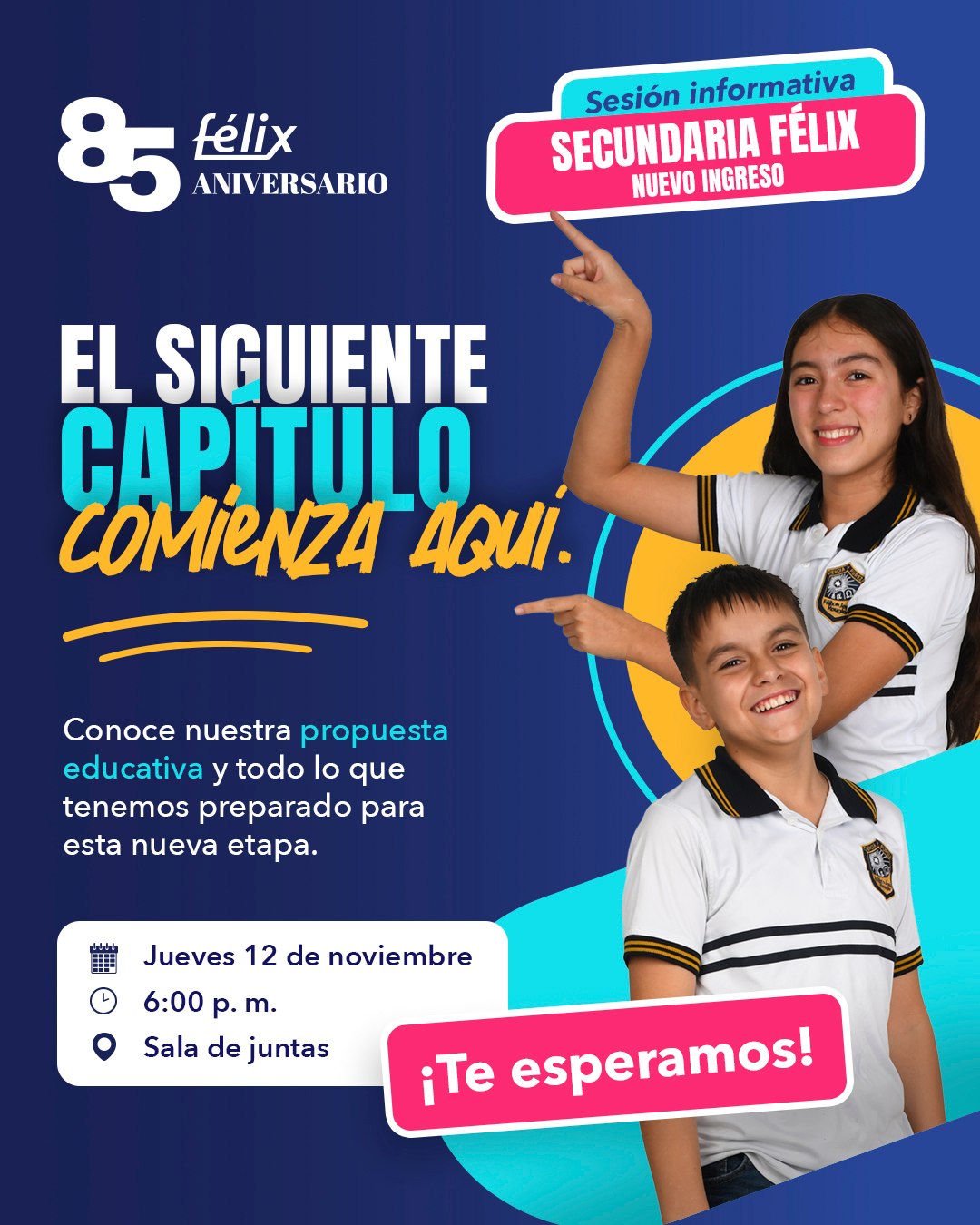 Te invitamos a nuestra sesión informativa de Secundaria Félix, donde podrás conocer nuestra propuesta educativa y cómo acompañamos a nuestros alumnos durante una etapa clave en su formación académica y humana.

📅 Jueves 12 de noviembre
🕕 6:00 p.m.
📍 Sala de juntas

¡Nos encantará recibirte y compartir contigo todo lo que hace especial esta etapa en El Félix!

Para mayores informes y solicitar el link de registro: 📲 833 208 6511

#ColegioFelix #ExcelenciaAcademica #EducacionCatolica